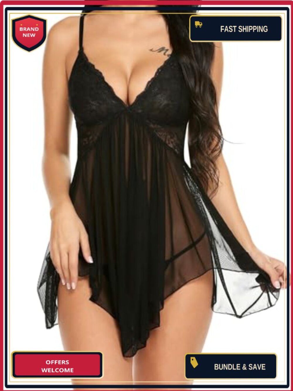 Lace Babydoll Chemise V Neck Sheer Mesh Sleepwear Adjustable Spaghetti Strap